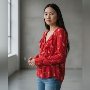 Anthropoligie Gemma Ginko Red Silk Ruffle Blouse Medium